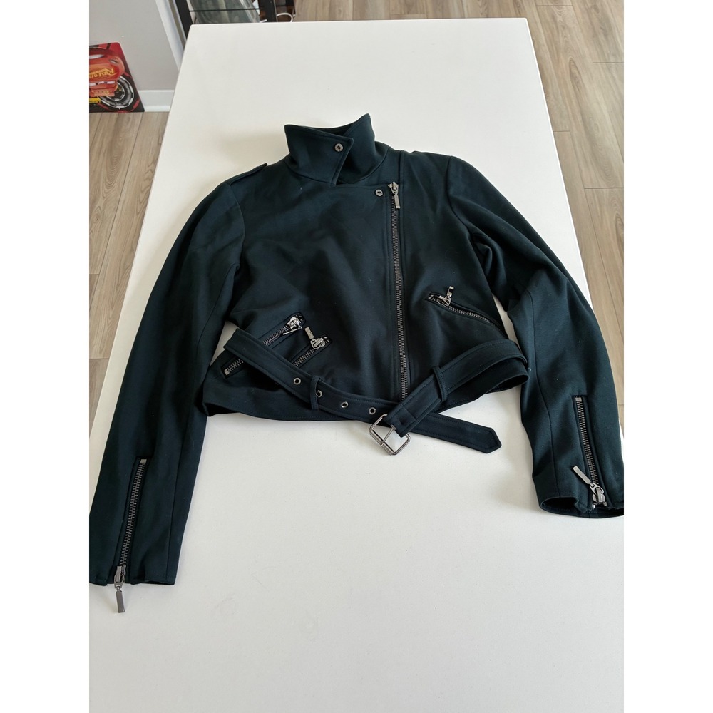 Dalia Women's Dark Teal Asymmetrical Zip Moto Jacket Belted Collar Snap Size S